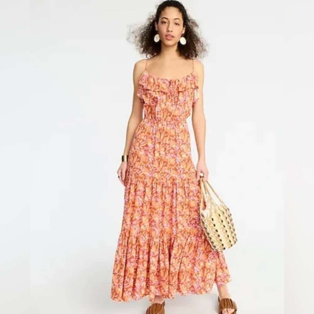 J. Crew Orange and Purple  Ruffled Tiered Maxi Sundress Small